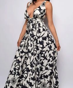 Emprada Dresses Daphnie White Black Floral Print Maxi Dress