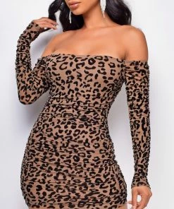 Emprada Allie Brown Leopard Velvet Flock Off Shoulder Long Sleeve Dress Dresses
