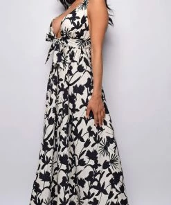 Emprada Dresses Daphnie White Black Floral Print Maxi Dress