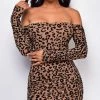 Emprada Allie Brown Leopard Velvet Flock Off Shoulder Long Sleeve Dress Dresses