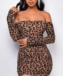 Emprada Allie Brown Leopard Velvet Flock Off Shoulder Long Sleeve Dress Dresses