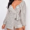 Emprada Tiya Nude Silver Waist Tie Sequin Romper
