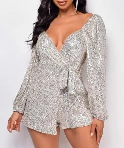 Emprada Tiya Nude Silver Waist Tie Sequin Romper