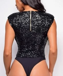 Emprada Houston Black Sequin Bodysuit Tops
