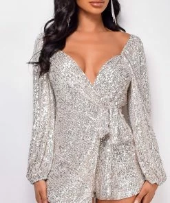 Emprada Tiya Nude Silver Waist Tie Sequin Romper
