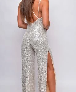 Emprada Cherelle Silver Nude Sequin Double Side Slit Wide Leg Jumpsuit Jumpsuits & Rompers