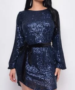Emprada Crystal Navy Blue Sequin Velour Belt Long Sleeve Dress Dresses