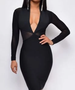 Emprada Heartbreak City Black Plunge V Neck Mesh Bandage Dress