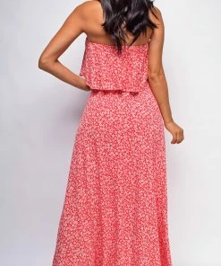 Emprada Rorie Red Floral Tube Sleeveless Side Slit Dress Dresses