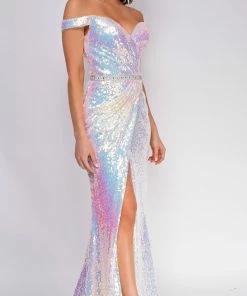 Emprada Vanessa Opal White Multi Off Shoulder Wrap Sequin Gown Dresses