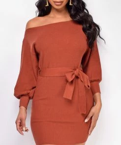 Emprada Larissa Brown Off Shoulder Sweater Dress Dresses