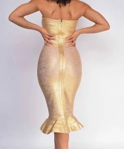 Emprada Belice Gold Strapless Fluted Bandage Dress