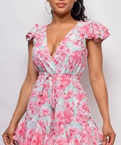 Emprada Jordy Mint Pink Floral Romper Jumpsuits & Rompers