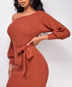 Emprada Larissa Brown Off Shoulder Sweater Dress Dresses