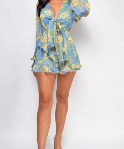 Emprada Uptown Blue Floral Front Tie Romper