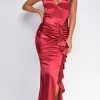 Emprada Dresses Razan Burgundy Red Ruched Ruffled Satin Gown
