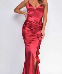 Emprada Dresses Razan Burgundy Red Ruched Ruffled Satin Gown