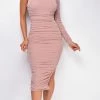 Emprada Gisele Pink High Neck Sparkle Ruched Dress