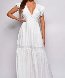 Emprada Stay True White Ruffle Sleeve Lace Trim Maxi Dress