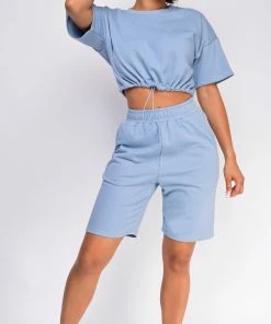 Emprada Nia Blue Crop Drawstring Top And Short Set Loungewear