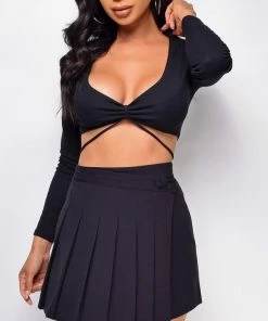 Emprada Tops Lindy Black Long Sleeve Front Twist Crop Top