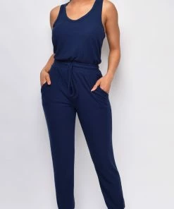 Emprada Mirey Navy Blue Drawstring Sleeveless Jumpsuit Loungewear