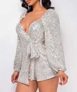 Emprada Tiya Nude Silver Waist Tie Sequin Romper