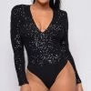 Emprada All Shine Black Long Sleeve Sequin Bodysuit Tops