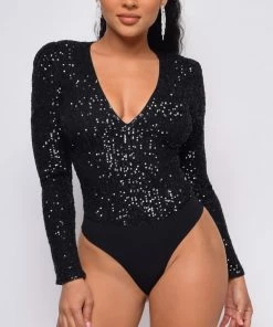 Emprada All Shine Black Long Sleeve Sequin Bodysuit Tops