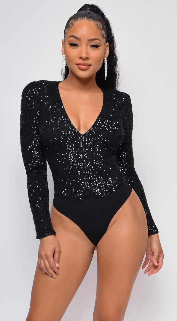 Emprada All Shine Black Long Sleeve Sequin Bodysuit Tops 1 Emprada All Shine Black Long Sleeve Sequin Bodysuit Tops