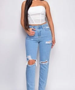 Emprada Out Of Sight Light Blue High Waist Straight Leg Knee Distressed Jeans Denim Bottoms 7 Emprada Out Of Sight Light Blue High Waist Straight Leg Knee Distressed Jeans Denim Bottoms