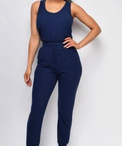 Emprada Mirey Navy Blue Drawstring Sleeveless Jumpsuit Loungewear