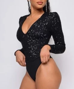 Emprada All Shine Black Long Sleeve Sequin Bodysuit Tops 5 Emprada All Shine Black Long Sleeve Sequin Bodysuit Tops
