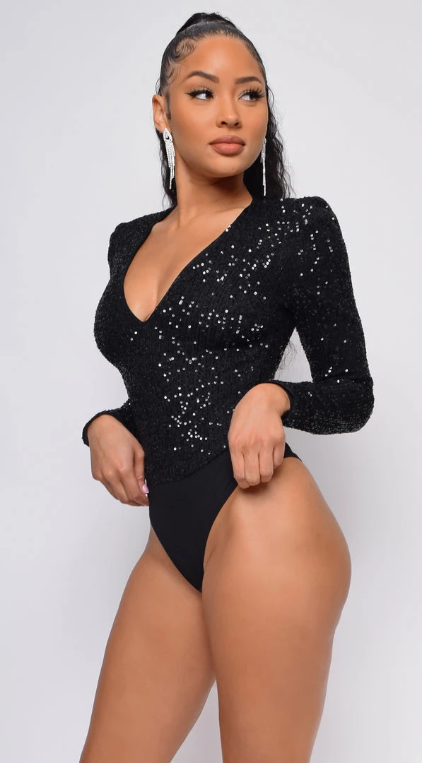 Emprada All Shine Black Long Sleeve Sequin Bodysuit Tops 3 Emprada All Shine Black Long Sleeve Sequin Bodysuit Tops