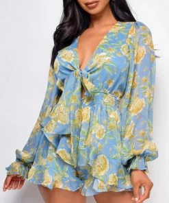 Emprada Uptown Blue Floral Front Tie Romper