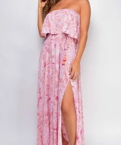 Emprada Lillian Pink Floral Print Tube Sleeveless Side Slit Dress