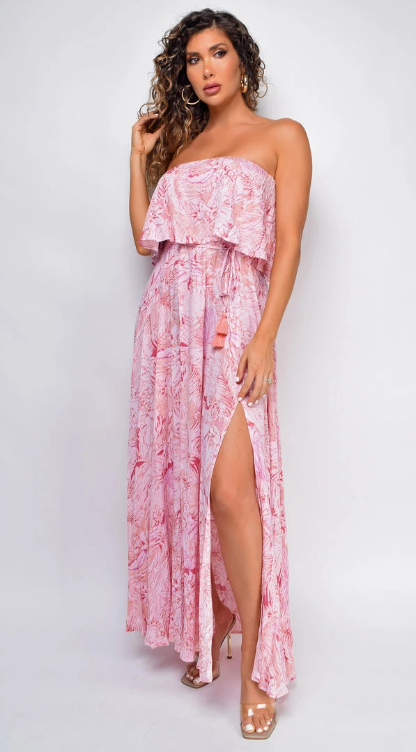 Emprada Lillian Pink Floral Print Tube Sleeveless Side Slit Dress 1 Emprada Lillian Pink Floral Print Tube Sleeveless Side Slit Dress