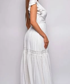 Emprada Stay True White Ruffle Sleeve Lace Trim Maxi Dress