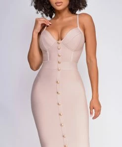 Emprada Nelinha Nude Gold Button Bandage Dress
