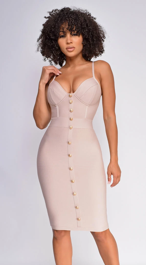 Emprada Nelinha Nude Gold Button Bandage Dress 1 Emprada Nelinha Nude Gold Button Bandage Dress
