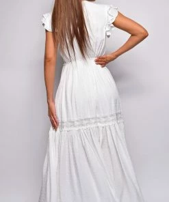 Emprada Stay True White Ruffle Sleeve Lace Trim Maxi Dress