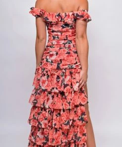 Emprada Eivissa Red Black Floral Off Shoulder Ruffle Tier Maxi Dress