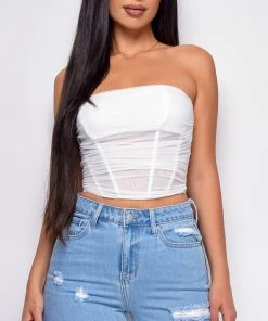 Emprada Araminta White Bandeau Mesh Corset Top Tops