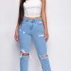 Emprada Out Of Sight Light Blue High Waist Straight Leg Knee Distressed Jeans Denim Bottoms