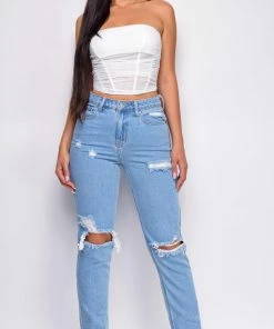 Emprada Out Of Sight Light Blue High Waist Straight Leg Knee Distressed Jeans Denim Bottoms