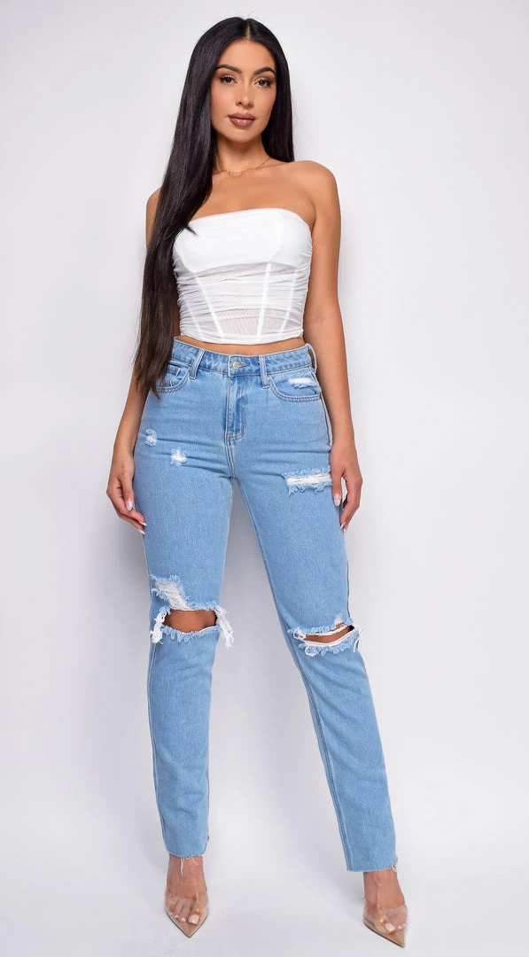 Emprada Out Of Sight Light Blue High Waist Straight Leg Knee Distressed Jeans Denim Bottoms 1 Emprada Out Of Sight Light Blue High Waist Straight Leg Knee Distressed Jeans Denim Bottoms