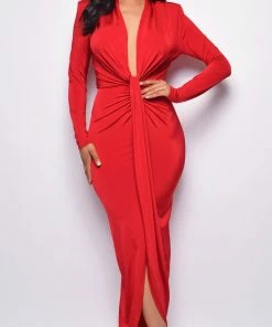 Emprada Dresses Celeste Red V Plunge Drape Dress 7 Emprada Dresses Celeste Red V Plunge Drape Dress