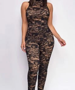 Emprada Jumpsuits & Rompers Maddie Black Mock Neck Lace Jumpsuit