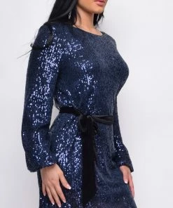 Emprada Crystal Navy Blue Sequin Velour Belt Long Sleeve Dress Dresses