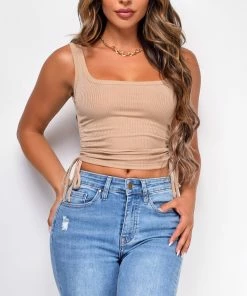 Emprada Switching Sides Mocha Brown Side Ruched Crop Top